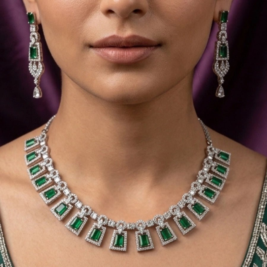 Bottle Green Short Silver Polish Lightweight American Diamond Necklace Set - The Indian Mudra