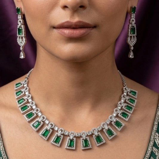 Bottle Green Short Silver Polish Lightweight American Diamond Necklace Set - The Indian Mudra