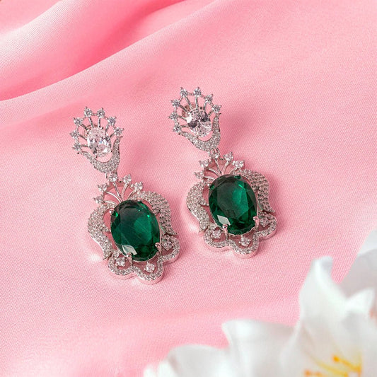 Bottle Green Silver Earrings Lightweight American Diamond for Women for Occasion and Party Wear (MI - ER - 002 - EM - SL) - The Indian Mudra