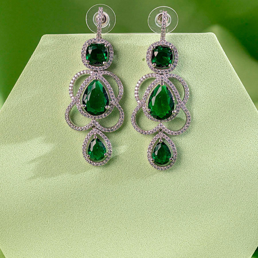 Bottle Green Silver Polish Lightweight American Diamond Ear Rings for Women for Occasion and Party Wear (MC-ER-002-EM-SL)