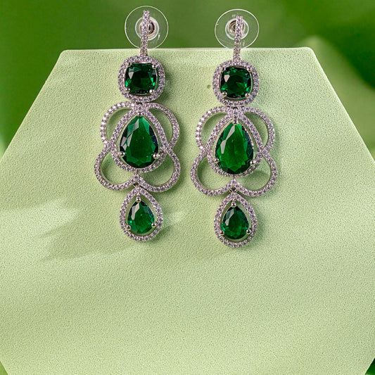 Bottle Green Silver Polish Lightweight American Diamond Ear Rings for Women for Occasion and Party Wear (MC-ER-002-EM-SL)