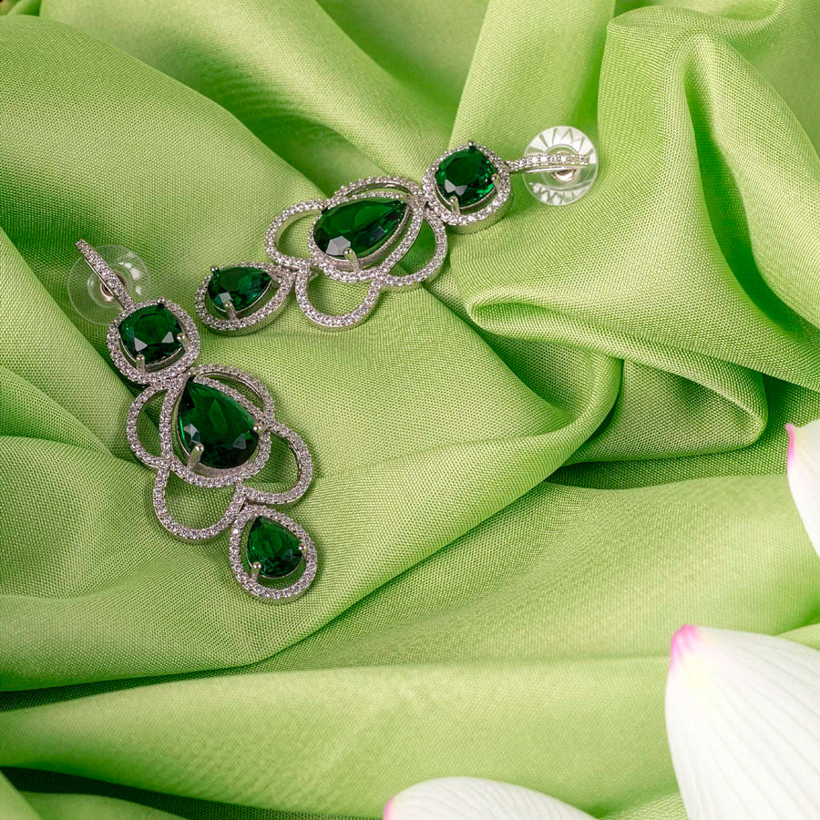 Bottle Green Silver Polish Lightweight American Diamond Ear Rings for Women for Occasion and Party Wear (MC-ER-002-EM-SL)