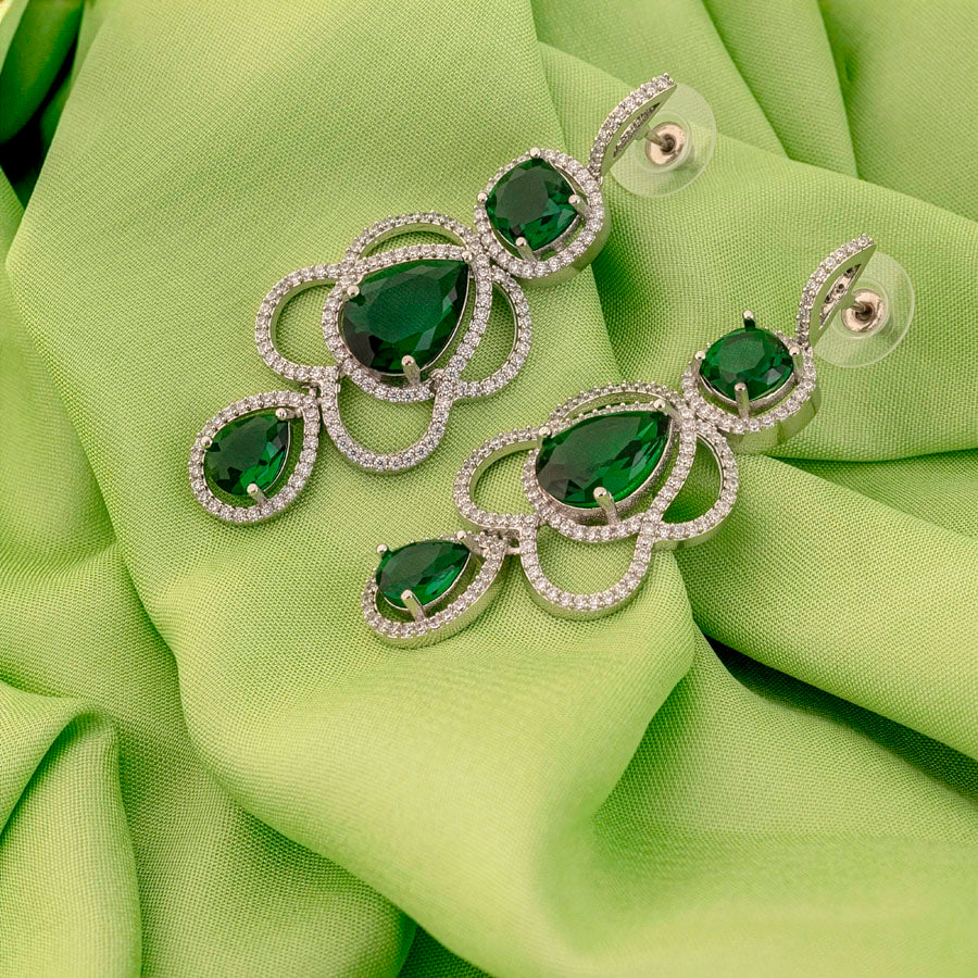 Bottle Green Silver Polish Lightweight American Diamond Ear Rings for Women for Occasion and Party Wear (MC-ER-002-EM-SL)