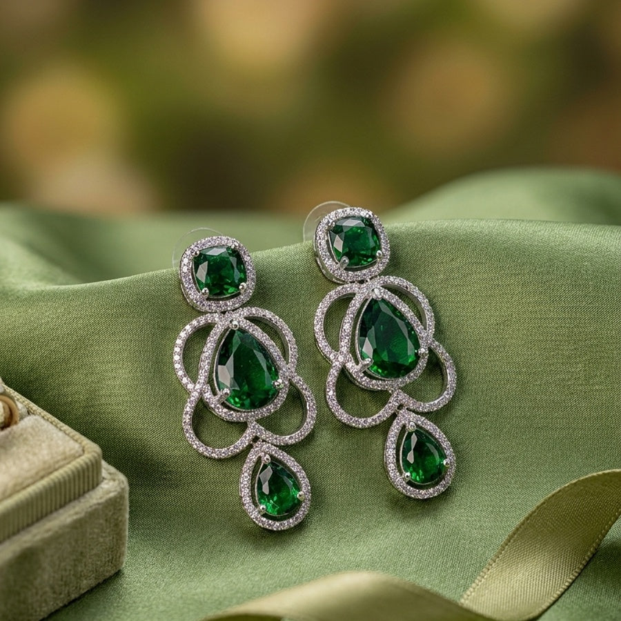 Bottle Green Silver Polish Lightweight American Diamond Ear Rings for Women for Occasion and Party Wear (MC-ER-002-EM-SL)