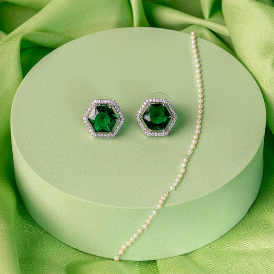 Bottle Green Silver Polish American Diamond Ear Rings for Women for Occasion and Party Wear (MC-ER-004-EM-SL)