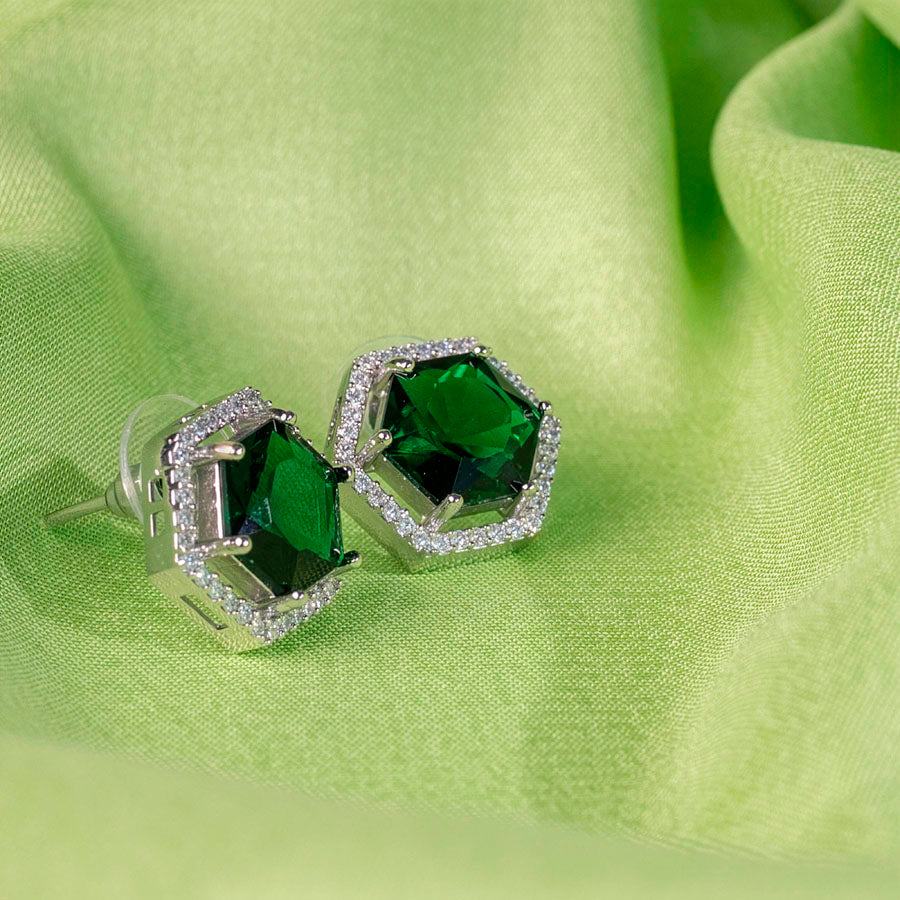 Bottle Green Silver Polish American Diamond Ear Rings for Women for Occasion and Party Wear (MC-ER-004-EM-SL)
