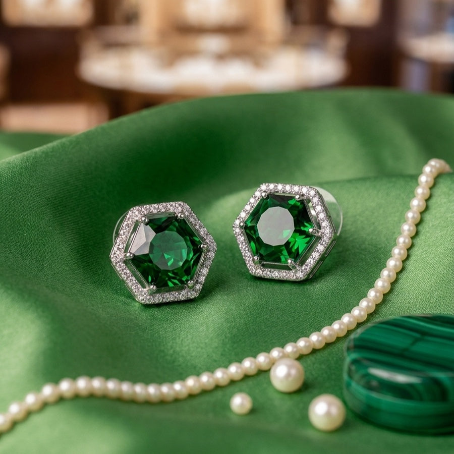 Bottle Green Silver Polish American Diamond Ear Rings for Women for Occasion and Party Wear (MC-ER-004-EM-SL)