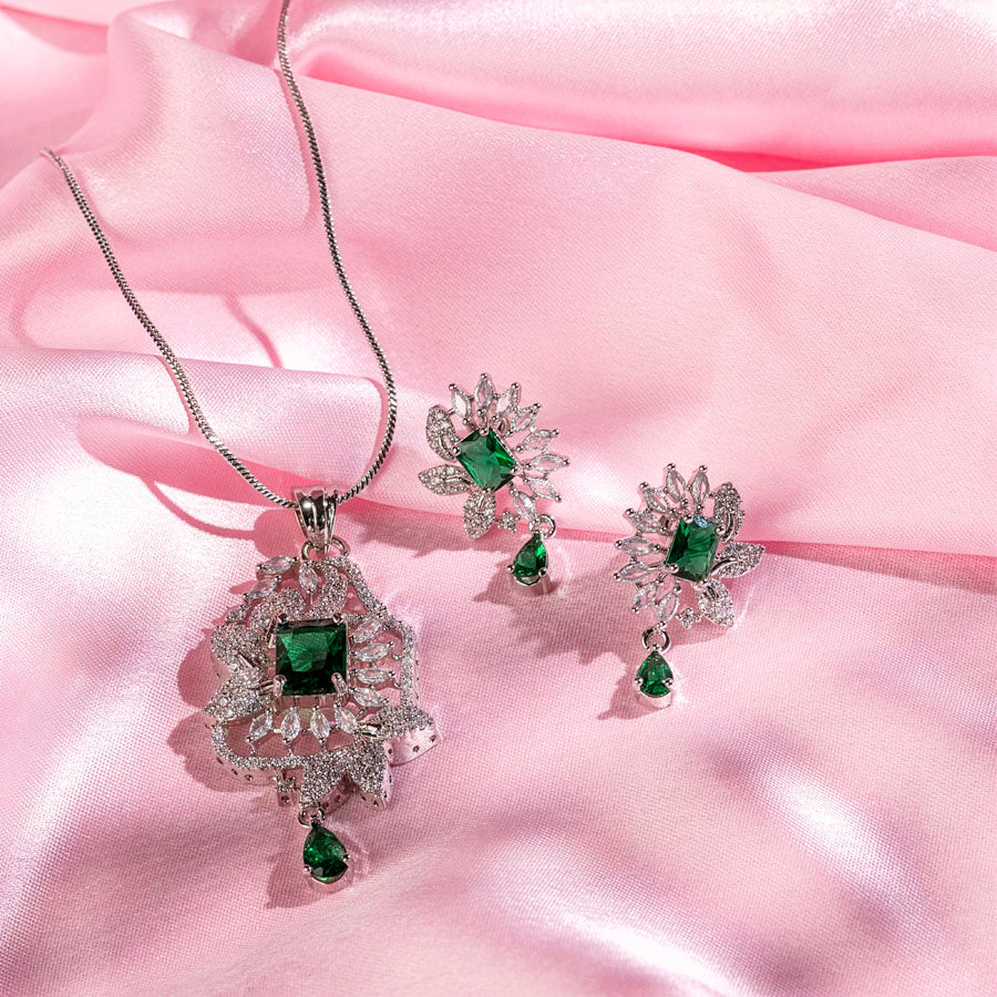 Bottle Green Silver Lightweight American Diamond Pendent Set for Women for Occasion and Party Wear  (MI-PEN-002-EM-SL)