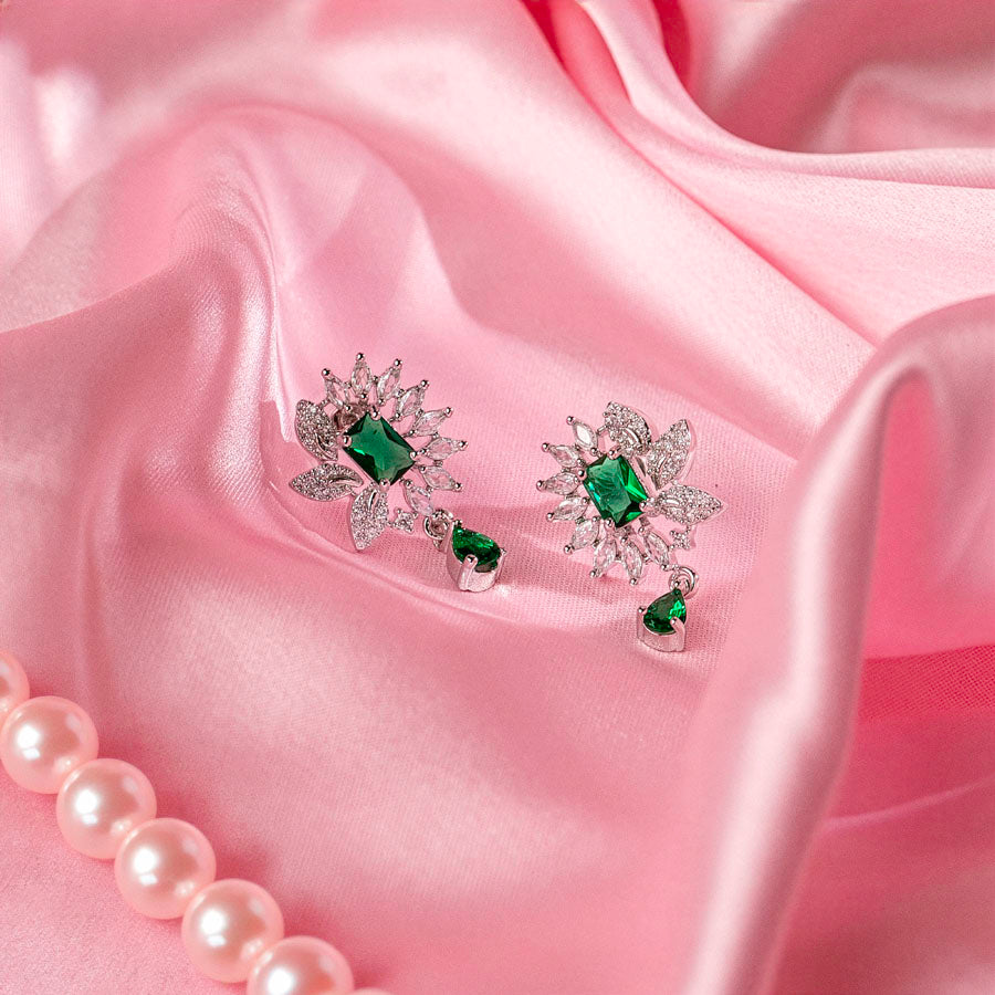 Bottle Green Silver Lightweight American Diamond Pendent Set for Women for Occasion and Party Wear  (MI-PEN-002-EM-SL)