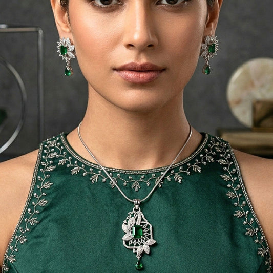 Bottle Green Silver Lightweight American Diamond Pendant Set for Women for Occasion and Party Wear  (MI-PEN-002-EM-SL)