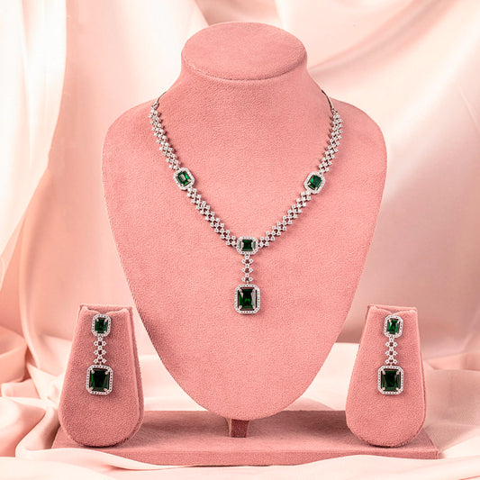 Bottle Green Silver Lightweight Short  American Diamond Necklace Set for Women for Occasion and Party Wear (MC-NS-008-EM-SL)