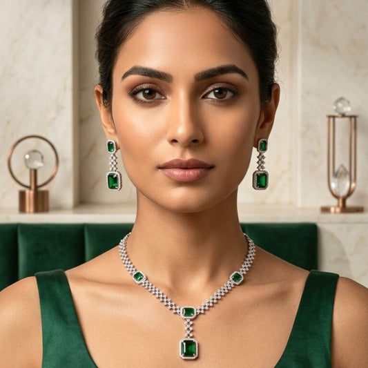 Bottle Green Silver Lightweight Short  American Diamond Necklace Set for Women for Occasion and Party Wear (MC-NS-008-EM-SL)