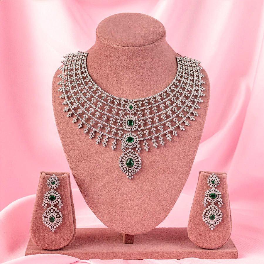 Bottle Green Silver Lightweight Short American Diamond Necklace Set for Women for Occasion and Party Wear (MC - NS - 010 - EM - SL) - The Indian Mudra
