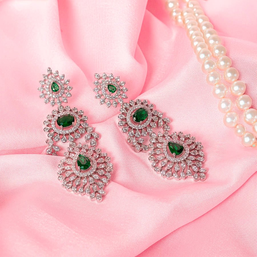 Bottle Green Silver Lightweight Short American Diamond Necklace Set for Women for Occasion and Party Wear (MC - NS - 010 - EM - SL) - The Indian Mudra