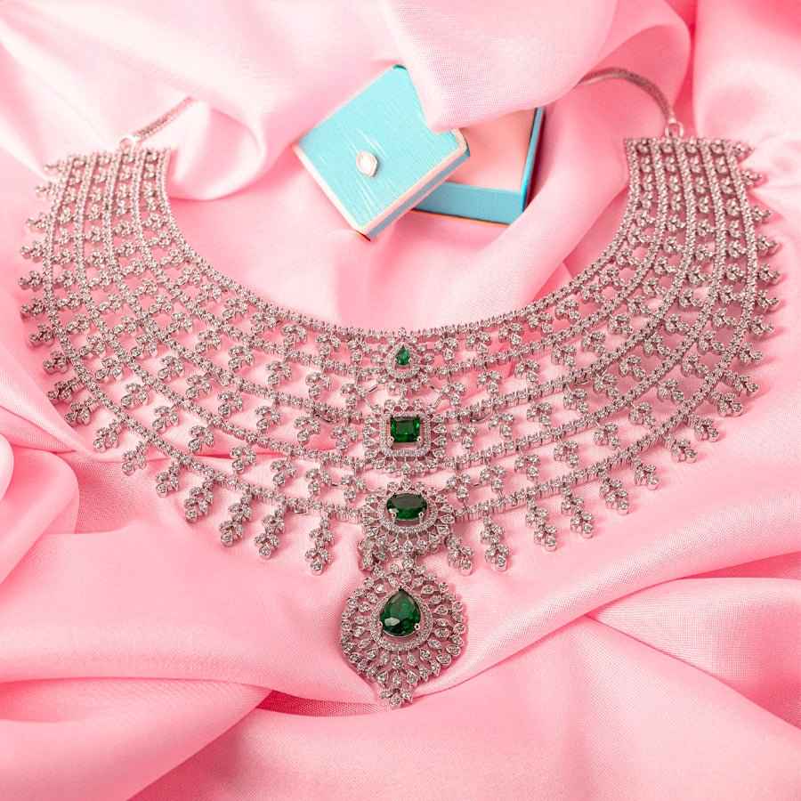 Bottle Green Silver Lightweight Short American Diamond Necklace Set for Women for Occasion and Party Wear (MC - NS - 010 - EM - SL) - The Indian Mudra