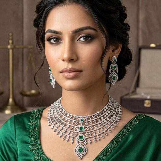 Bottle Green Silver Lightweight Short American Diamond Necklace Set for Women for Occasion and Party Wear (MC - NS - 010 - EM - SL) - The Indian Mudra