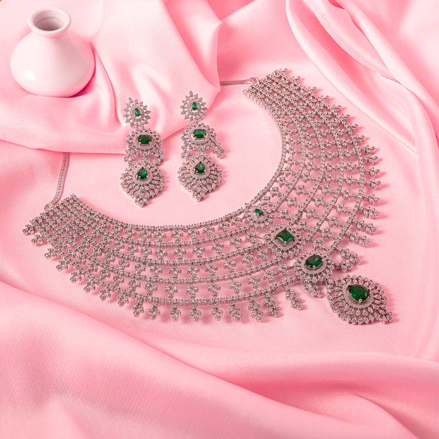 Bottle Green Silver Lightweight Short American Diamond Necklace Set for Women for Occasion and Party Wear (MC - NS - 010 - EM - SL) - The Indian Mudra