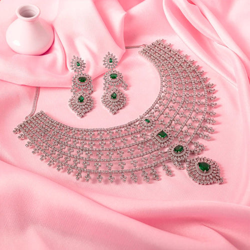 Bottle Green Silver Lightweight Short American Diamond Necklace Set for Women for Occasion and Party Wear (MC - NS - 010 - EM - SL) - The Indian Mudra