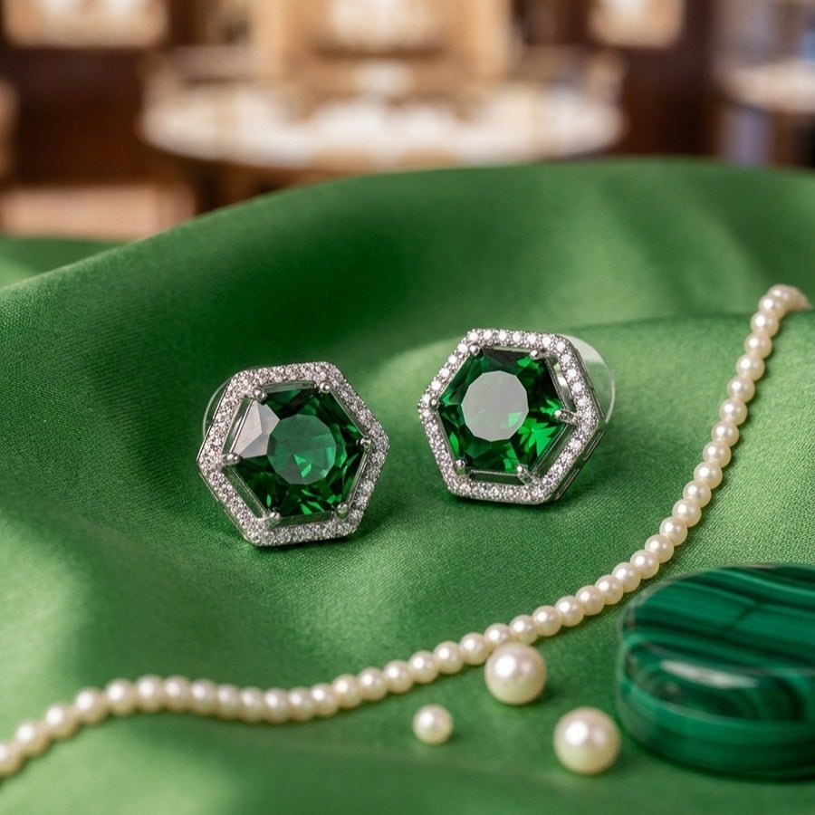 Bottle Green Silver Polish American Diamond Ear Rings for Women for Occasion and Party Wear (MC-ER-004-EM-SL) - The Indian Mudra