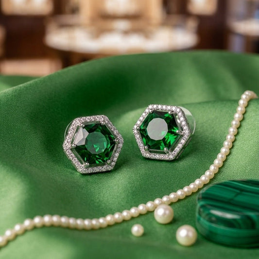 Bottle Green Silver Polish American Diamond Ear Rings for Women for Occasion and Party Wear (MC-ER-004-EM-SL) - The Indian Mudra