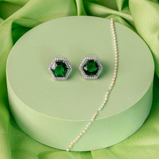 Bottle Green Silver Polish American Diamond Ear Rings for Women for Occasion and Party Wear (MC-ER-004-EM-SL) - The Indian Mudra