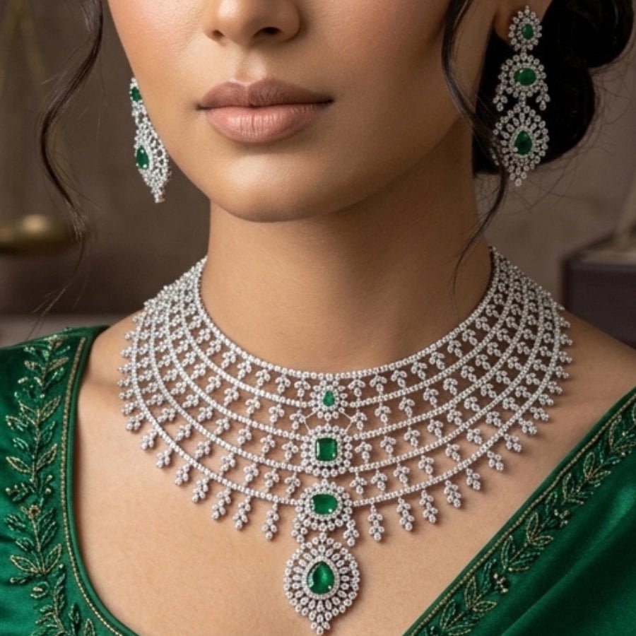 Bottle Green Silver Polish American Diamond Necklace Set for Women - The Indian Mudra