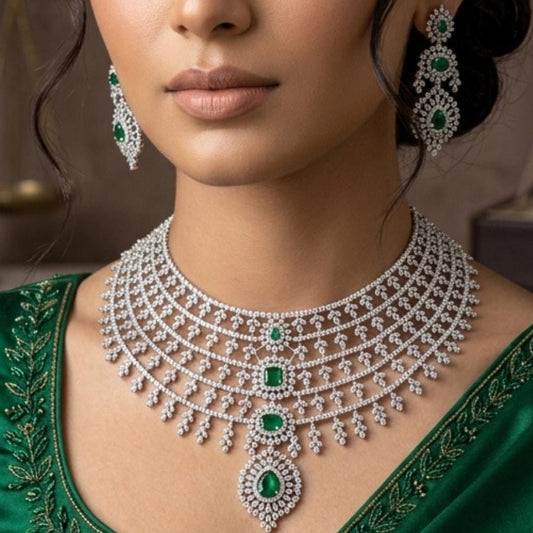 Bottle Green Silver Polish American Diamond Necklace Set for Women - The Indian Mudra