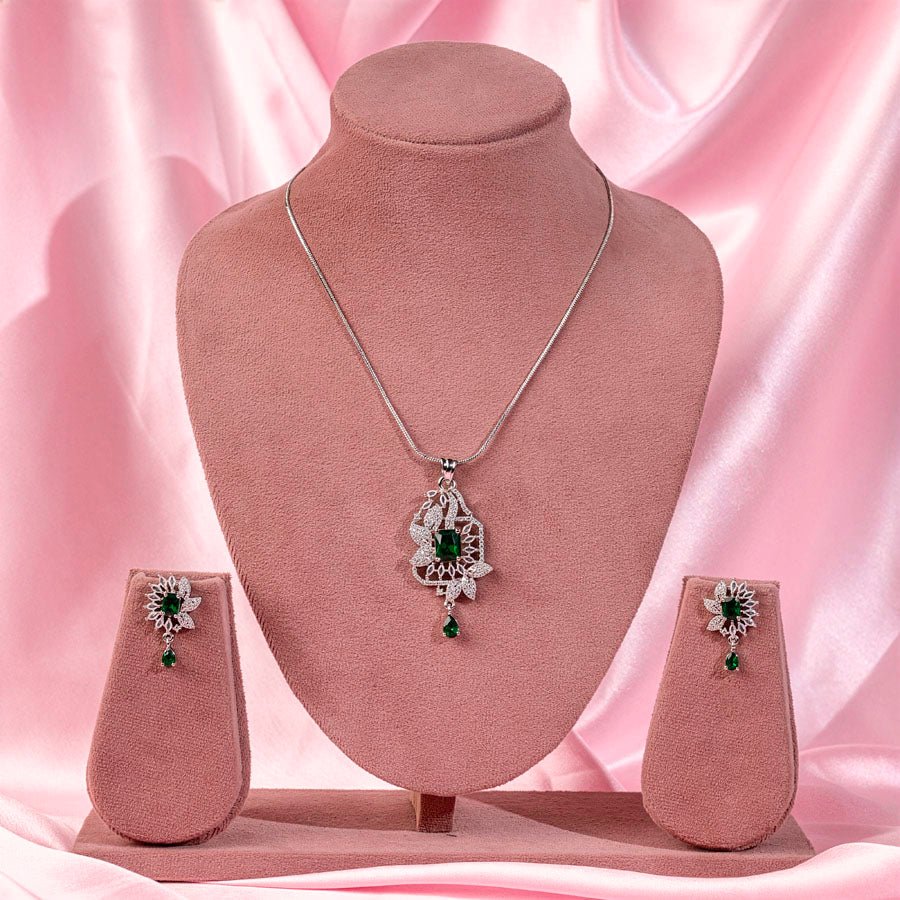 Bottle Green Silver Polish American Diamond Pendant Set - The Indian Mudra