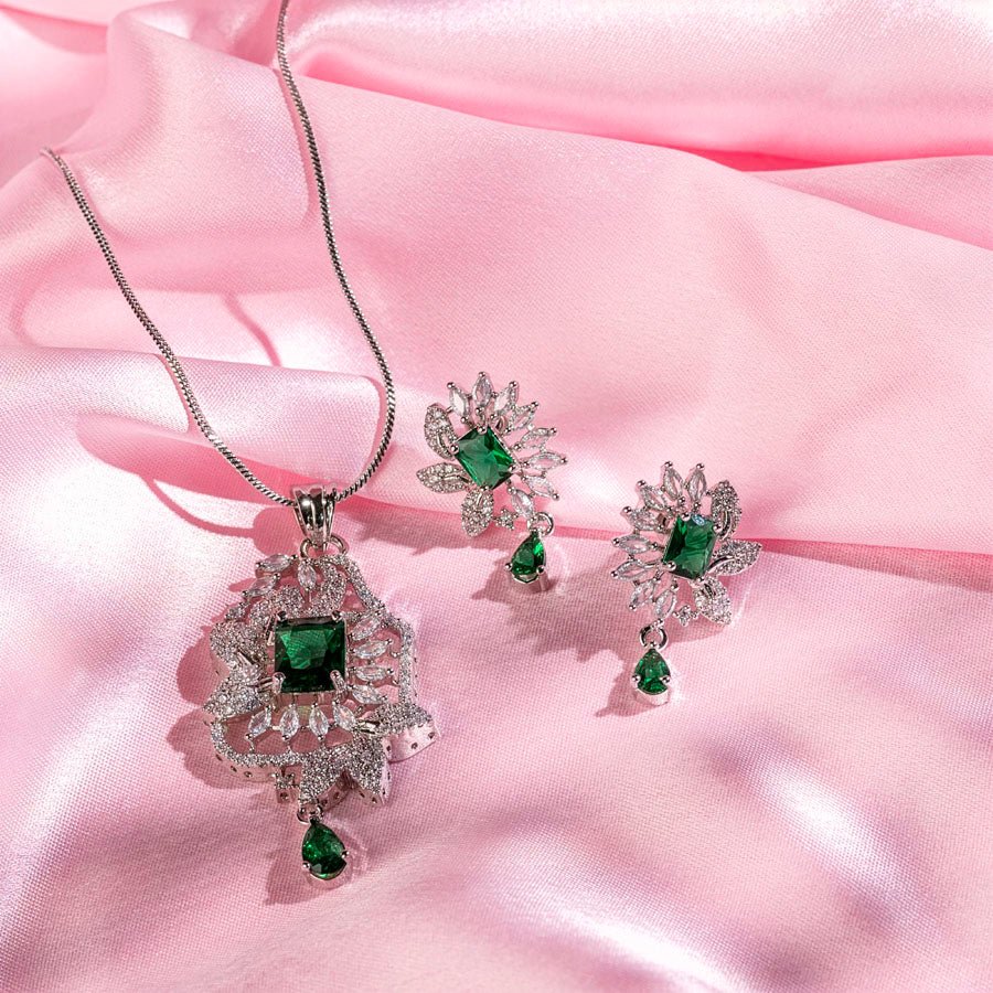 Bottle Green Silver Polish American Diamond Pendant Set - The Indian Mudra
