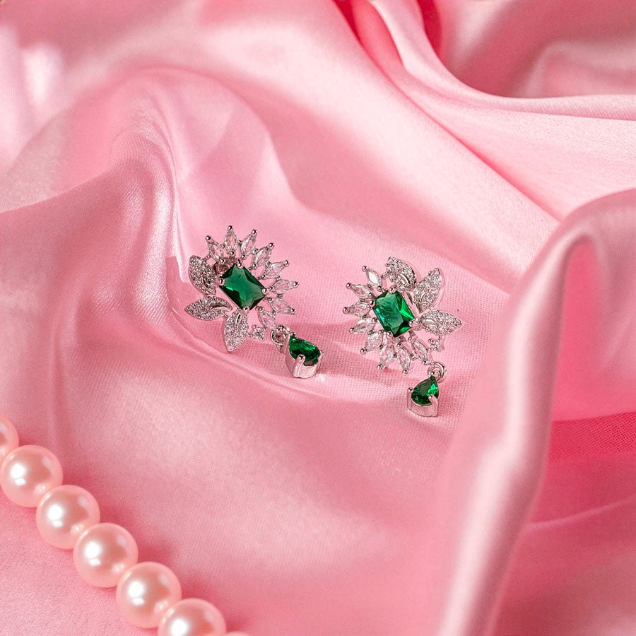 Bottle Green Silver Polish American Diamond Pendant Set - The Indian Mudra