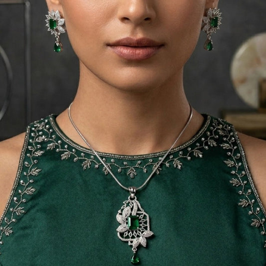 Bottle Green Silver Polish American Diamond Pendant Set - The Indian Mudra