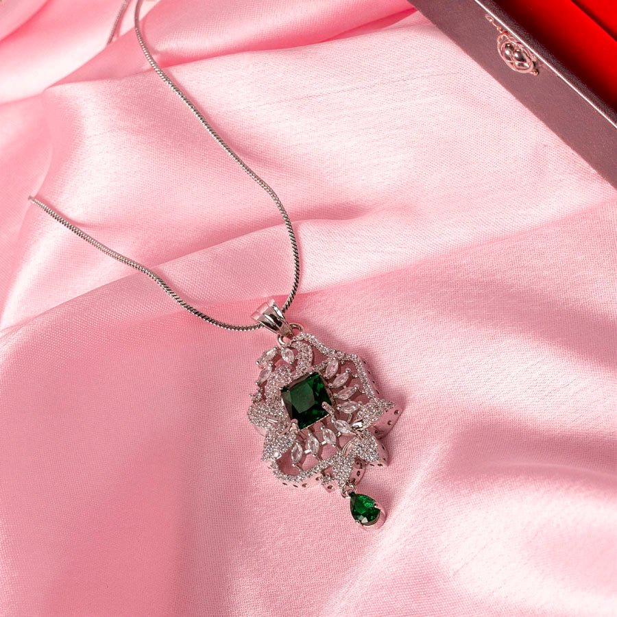 Bottle Green Silver Polish American Diamond Pendant Set - The Indian Mudra
