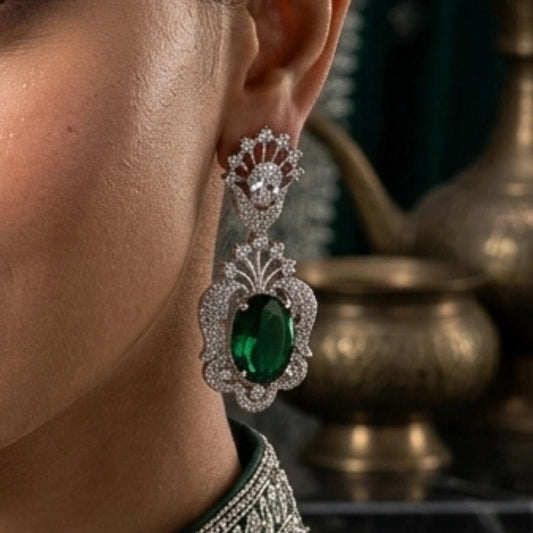 Bottle Green Silver Polish Lightweight American Diamond Earrings - The Indian Mudra