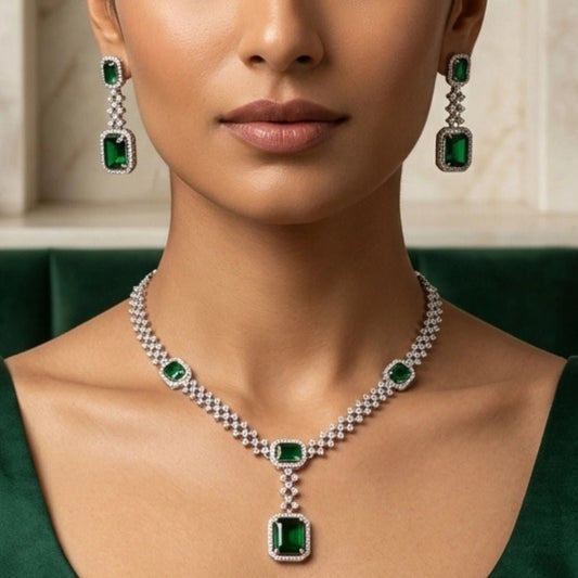 Bottle Green Silver Polish Lightweight Short American Diamond Necklace Set - The Indian Mudra