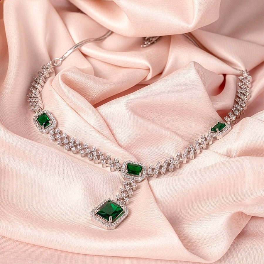 Bottle Green Silver Polish Lightweight Short American Diamond Necklace Set for Women for Occasion and Party Wear (MC-NS-008-EM-SL) - The Indian Mudra