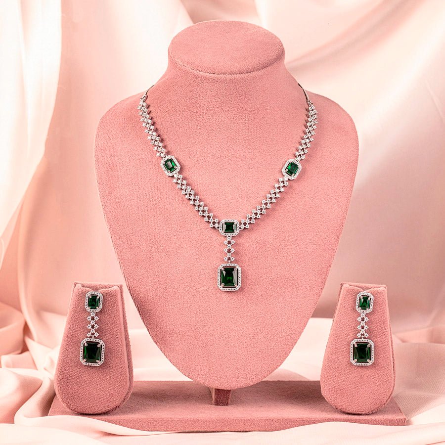 Bottle Green Silver Polish Lightweight Short American Diamond Necklace Set for Women for Occasion and Party Wear (MC-NS-008-EM-SL) - The Indian Mudra