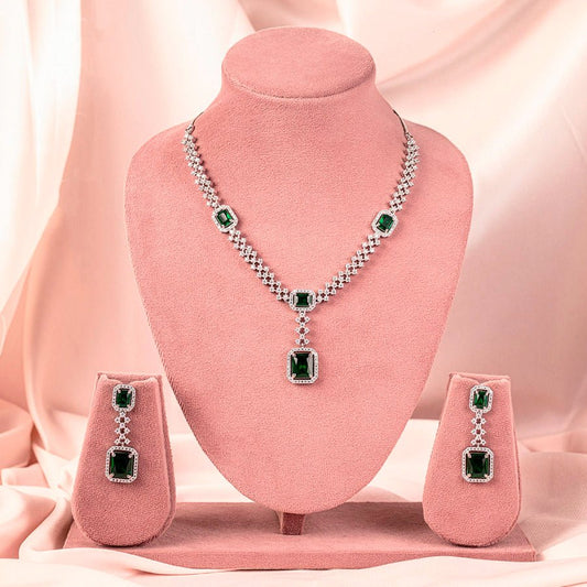 Bottle Green Silver Polish Lightweight Short American Diamond Necklace Set for Women for Occasion and Party Wear (MC-NS-008-EM-SL) - The Indian Mudra