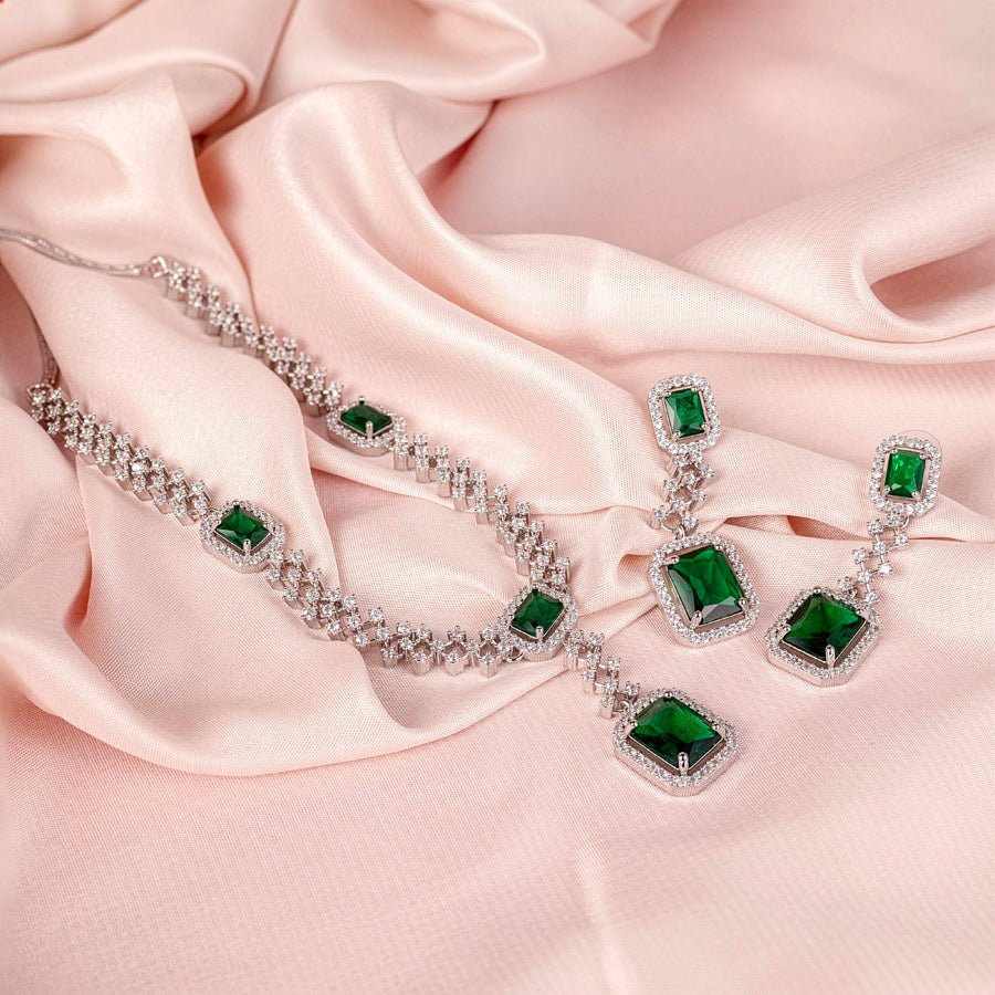 Bottle Green Silver Polish Lightweight Short American Diamond Necklace Set for Women for Occasion and Party Wear (MC-NS-008-EM-SL) - The Indian Mudra