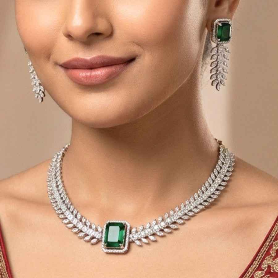 Bottle Green Silver Polish Short Lightweight American Diamond Necklace Set - The Indian Mudra