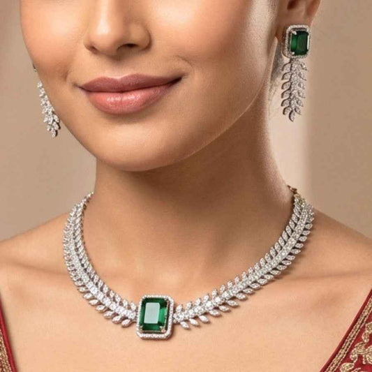Bottle Green Silver Polish Short Lightweight American Diamond Necklace Set - The Indian Mudra