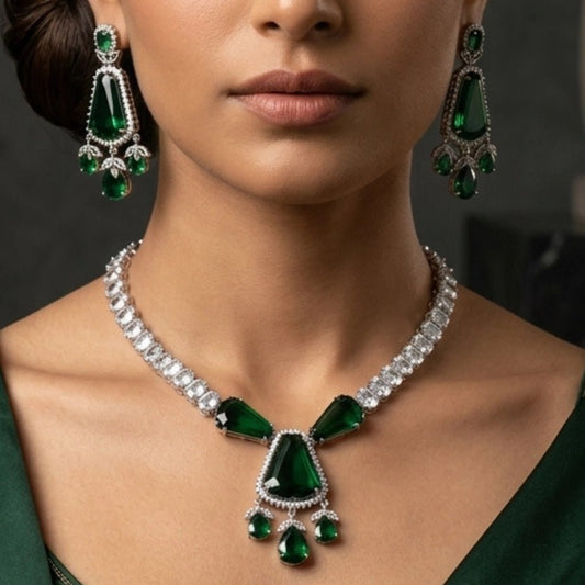Bottle Green Silver Polish Short Lightweight American Diamond Necklace Set - The Indian Mudra