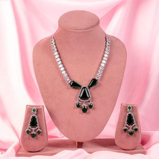 Bottle Green Silver Short Lightweight American Diamond Necklace Set for Women for Occasion and Party Wear (MC-NS-012-EM-SL)