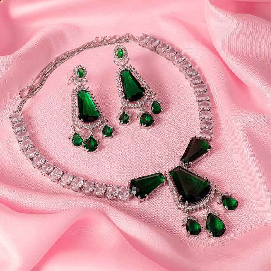 Bottle Green Silver Short Lightweight American Diamond Necklace Set for Women for Occasion and Party Wear (MC-NS-012-EM-SL)