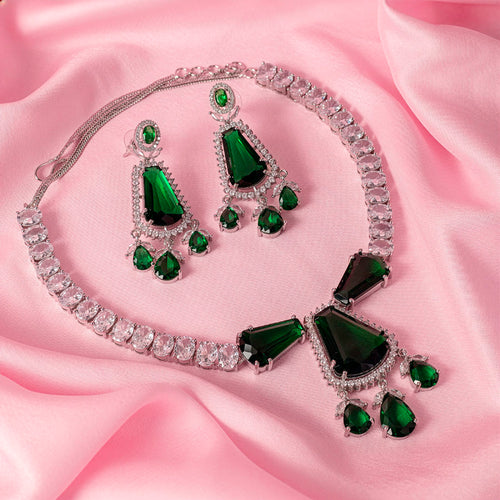 Bottle Green Silver Short Lightweight American Diamond Necklace Set for Women for Occasion and Party Wear (MC-NS-012-EM-SL)