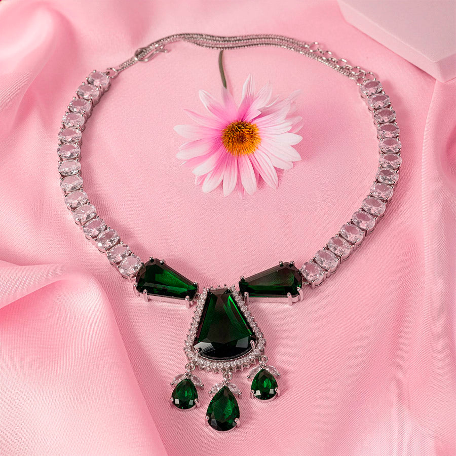 Bottle Green Silver Short Lightweight American Diamond Necklace Set for Women for Occasion and Party Wear (MC-NS-012-EM-SL)