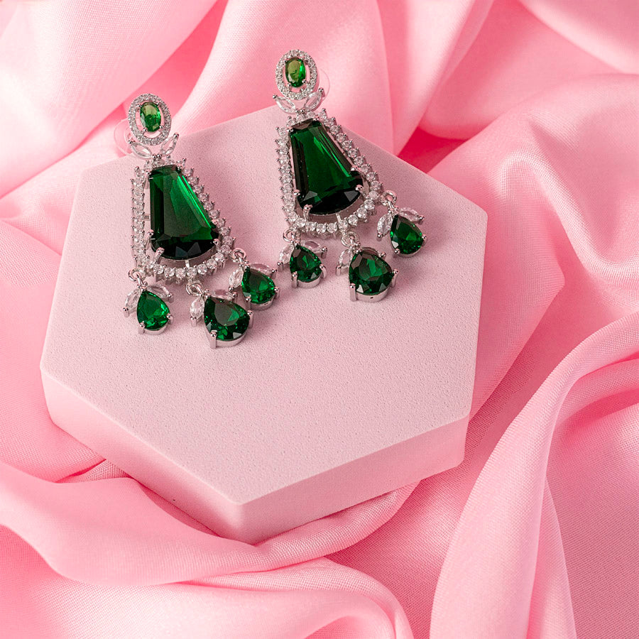 Bottle Green Silver Short Lightweight American Diamond Necklace Set for Women for Occasion and Party Wear (MC-NS-012-EM-SL)