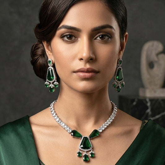 Bottle Green Silver Short Lightweight American Diamond Necklace Set for Women for Occasion and Party Wear (MC-NS-012-EM-SL)