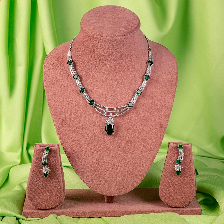 Bottle Green Silver Polish Short Lightweight American Diamond Necklace Set for Women for Party and Occasion Wear (MC-NS-020-EM-SL-1)