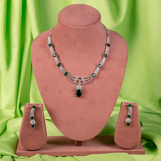 Bottle Green Silver Polish Short Lightweight American Diamond Necklace Set for Women for Party and Occasion Wear (MC-NS-020-EM-SL-1)