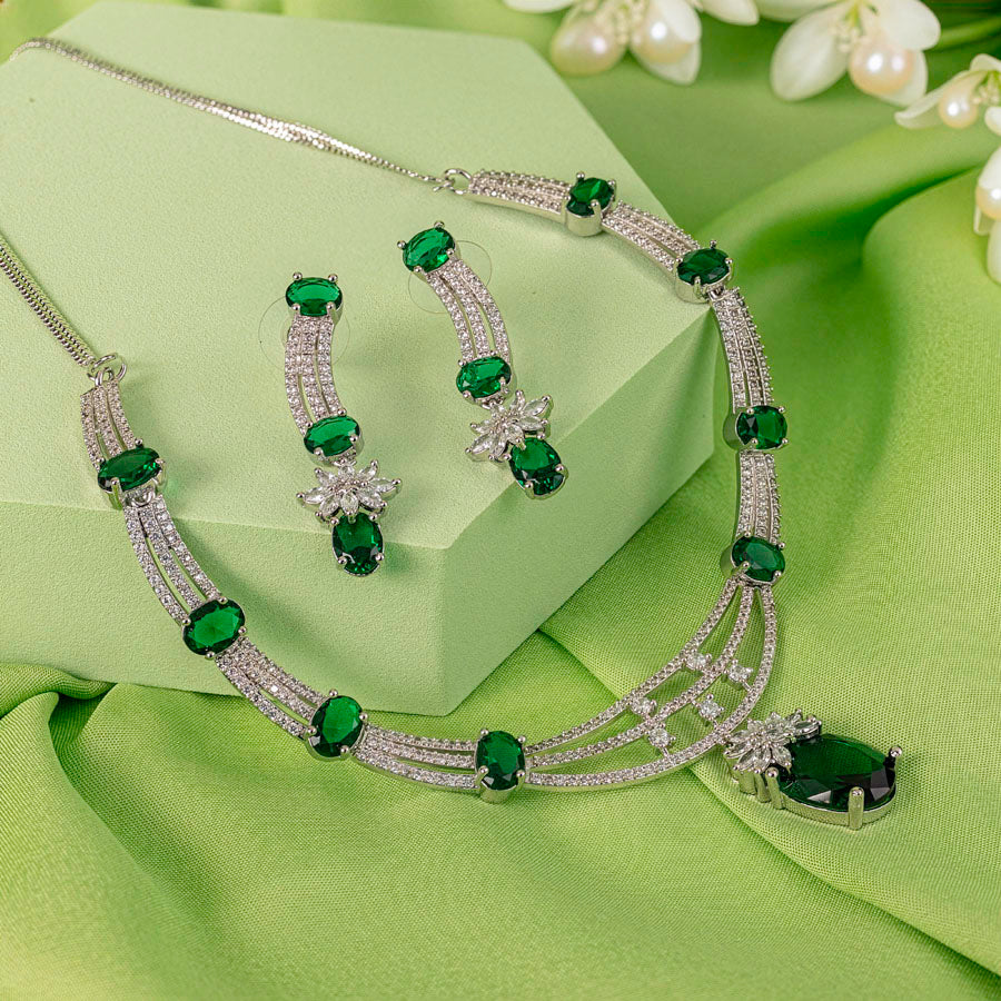 Bottle Green Silver Polish Short Lightweight American Diamond Necklace Set for Women for Party and Occasion Wear (MC-NS-020-EM-SL-1)